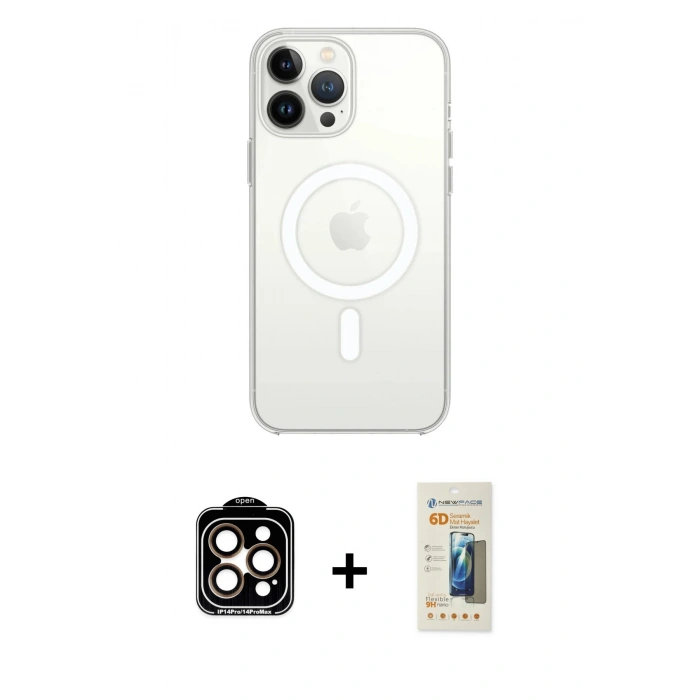 MARSİLYAN™- iPhone 14 Pro Max Kılıf Ahenk Yansıma Prime - Siyah 6D Mat Seramik Hayalet Nano Ekran Koruyucu + PVD Metal Kamera Lens - TU