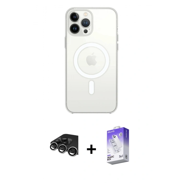 MARSİLYAN™- iPhone 14 Pro Max Kılıf Ahenk Yansıma Prime - Siyah Bilvis 5in1 3D Magic Cam Ekran Koruyucu + Raze Metal Kamera Lens - GS