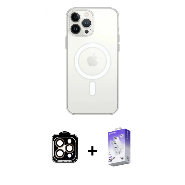 MARSİLYAN™- iPhone 14 Pro Max Kılıf Ahenk Yansıma Prime - Siyah Bilvis 5in1 3D Magic Cam Ekran Koruyucu + Turuncu PVD Metal Kamera Lens