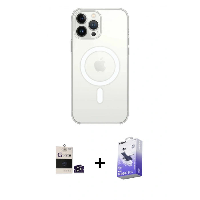 MARSİLYAN™- iPhone 14 Pro Max Kılıf Ahenk Yansıma Prime - Siyah Bilvis 5in1 5D Magic Hayalet Cam Ekran Koruyucu + Bilvis Titan Kamera Lens - DNMR