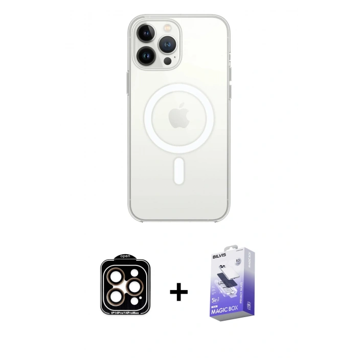 MARSİLYAN™- iPhone 14 Pro Max Kılıf Ahenk Yansıma Prime - Siyah Bilvis 5in1 5D Magic Hayalet Cam Ekran Koruyucu + PVD Metal Kamera Lens - TU