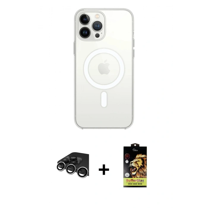 MARSİLYAN™- iPhone 14 Pro Max Kılıf Ahenk Yansıma Prime - Siyah Buffer Cam Ekran Koruyucu + Raze Metal Kamera Lens - GS