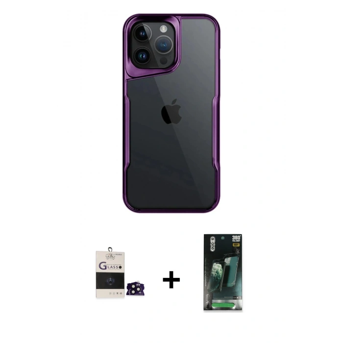 MARSİLYAN™- iPhone 14 Pro Max Kılıf Akış Çizgi Koleksiyonu - Şeffaf 360 Full Body Arka Koruyucu + Bilvis Titan Kamera Lens - SH