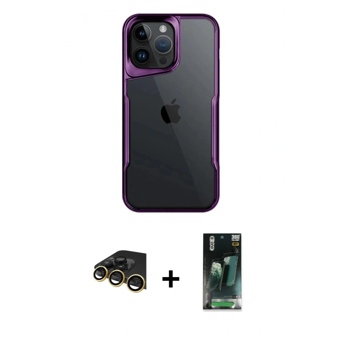MARSİLYAN™- iPhone 14 Pro Max Kılıf Akış Çizgi Koleksiyonu - Şeffaf 360 Full Body Arka Koruyucu + Raze Metal Kamera Lens - GD