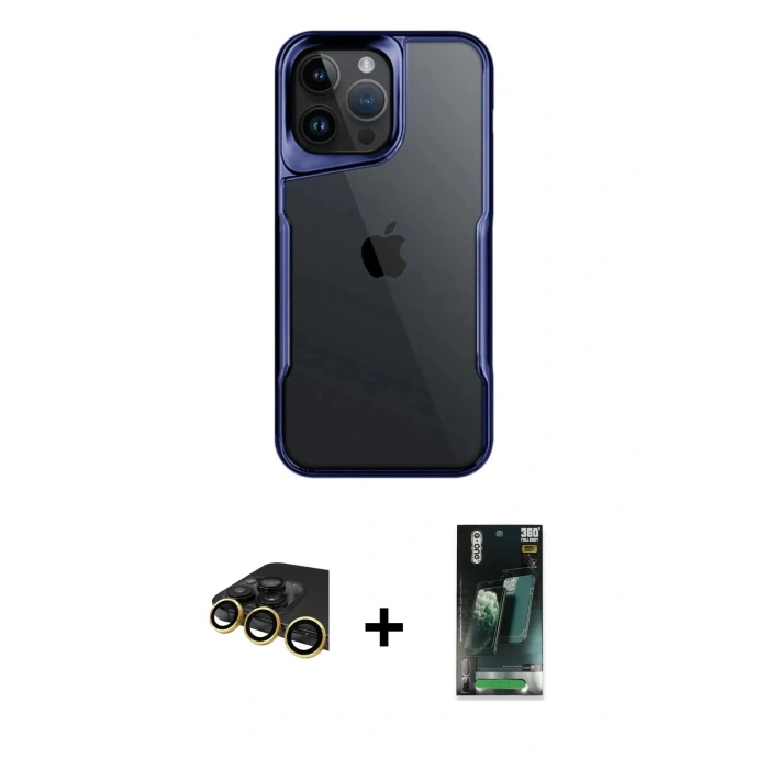 MARSİLYAN™- iPhone 14 Pro Max Kılıf Akış Çizgi Koleksiyonu - Şeffaf 360 Full Body Arka Koruyucu + Raze Metal Kamera Lens - GD