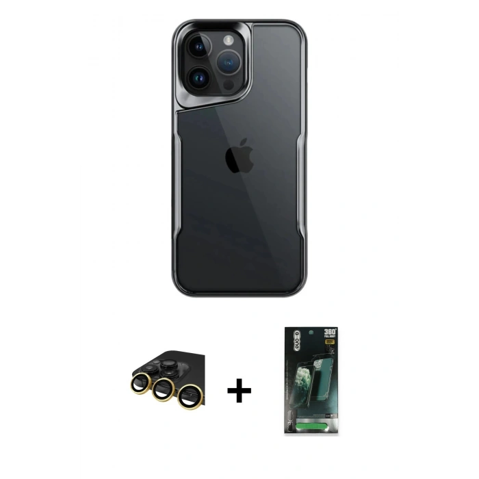 MARSİLYAN™- iPhone 14 Pro Max Kılıf Akış Çizgi Koleksiyonu - Şeffaf 360 Full Body Arka Koruyucu + Raze Metal Kamera Lens - GD