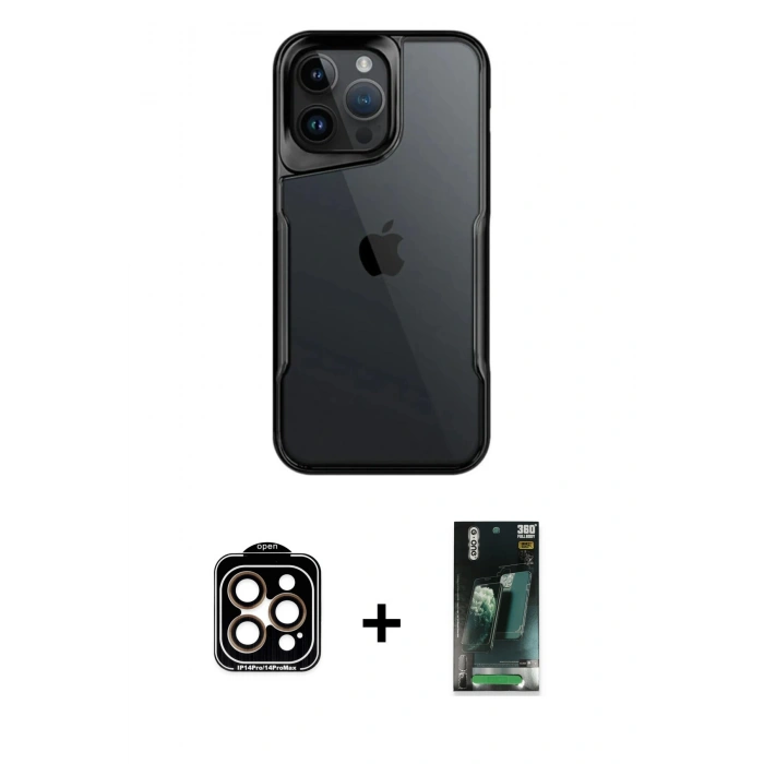 MARSİLYAN™- iPhone 14 Pro Max Kılıf Akış Çizgi Koleksiyonu - Şeffaf 360 Full Body Arka Koruyucu + PVD Metal Kamera Lens - TU