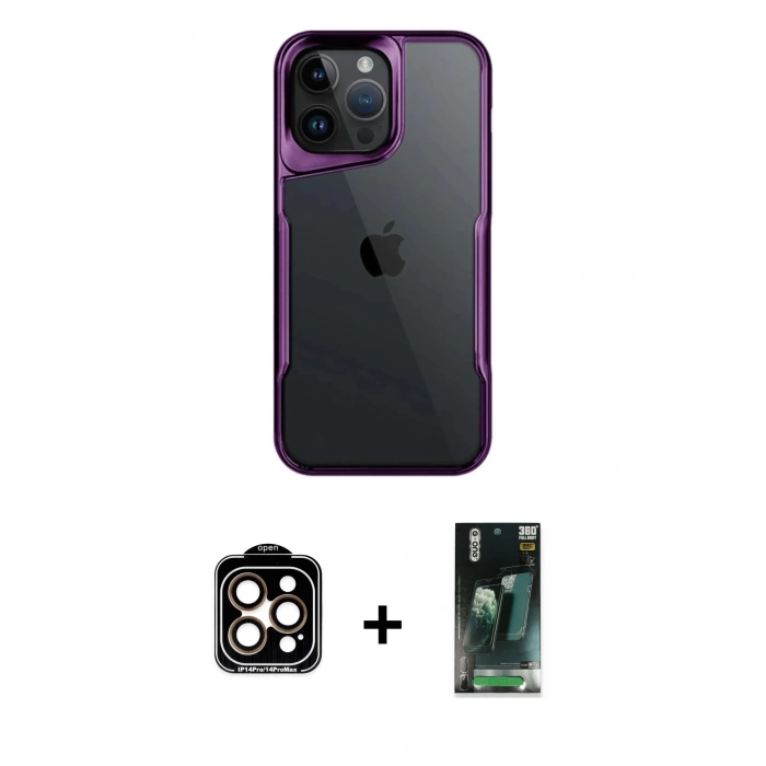 MARSİLYAN™- iPhone 14 Pro Max Kılıf Akış Çizgi Koleksiyonu - Şeffaf 360 Full Body Arka Koruyucu + PVD Metal Kamera Lens - TU