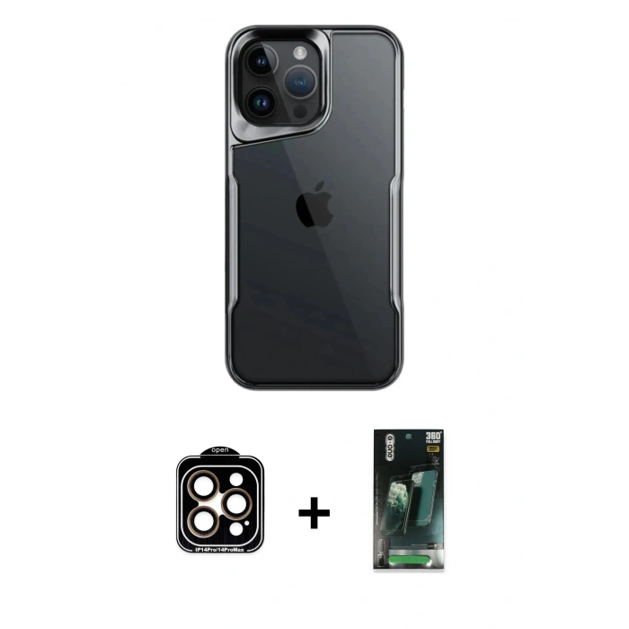 MARSİLYAN™- iPhone 14 Pro Max Kılıf Akış Çizgi Koleksiyonu - Şeffaf 360 Full Body Arka Koruyucu + PVD Metal Kamera Lens - TU