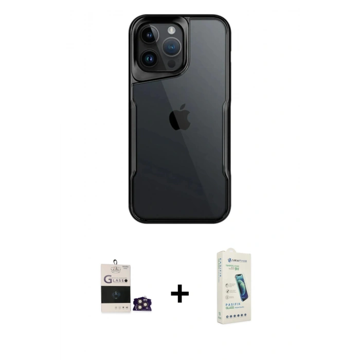 MARSİLYAN™- iPhone 14 Pro Max Kılıf Akış Çizgi Koleksiyonu - Şeffaf Pasifik Cam Ekran Koruyucu + Bilvis Titan Kamera Lens - GD