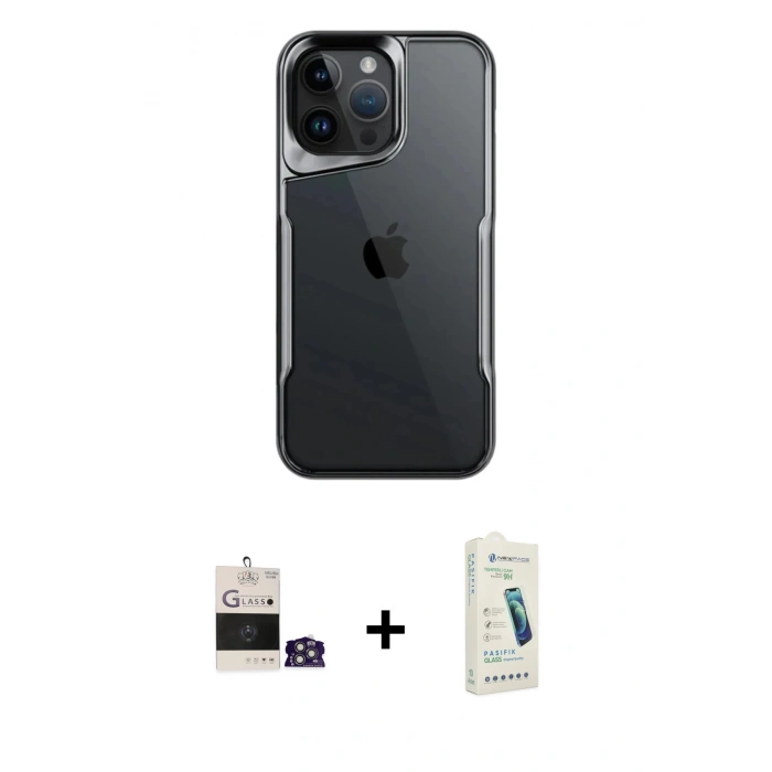 MARSİLYAN™- iPhone 14 Pro Max Kılıf Akış Çizgi Koleksiyonu - Şeffaf Pasifik Cam Ekran Koruyucu + Bilvis Titan Kamera Lens - GS