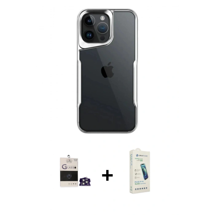 MARSİLYAN™- iPhone 14 Pro Max Kılıf Akış Çizgi Koleksiyonu - Şeffaf Pasifik Cam Ekran Koruyucu + Bilvis Titan Kamera Lens - GS