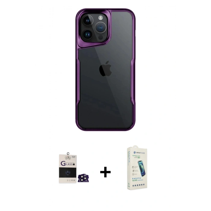MARSİLYAN™- iPhone 14 Pro Max Kılıf Akış Çizgi Koleksiyonu - Şeffaf Pasifik Cam Ekran Koruyucu + Bilvis Titan Kamera Lens - DNMR