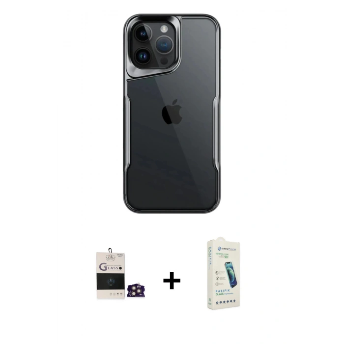 MARSİLYAN™- iPhone 14 Pro Max Kılıf Akış Çizgi Koleksiyonu - Şeffaf Pasifik Cam Ekran Koruyucu + Bilvis Titan Kamera Lens - GD