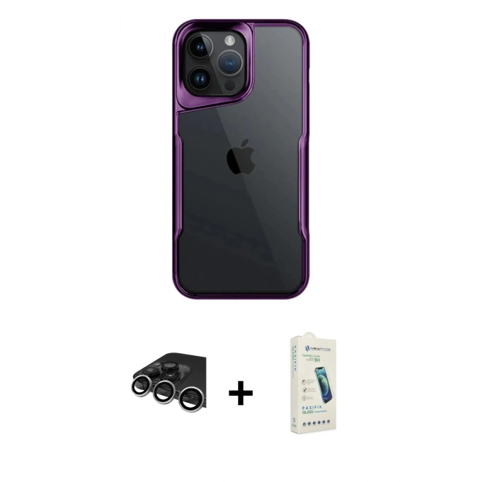 MARSİLYAN™- iPhone 14 Pro Max Kılıf Akış Çizgi Koleksiyonu - Şeffaf Pasifik Cam Ekran Koruyucu + Gümüş Raze Metal Kamera Lens