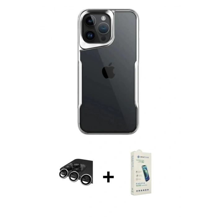 MARSİLYAN™- iPhone 14 Pro Max Kılıf Akış Çizgi Koleksiyonu - Şeffaf Pasifik Cam Ekran Koruyucu + Gümüş Raze Metal Kamera Lens