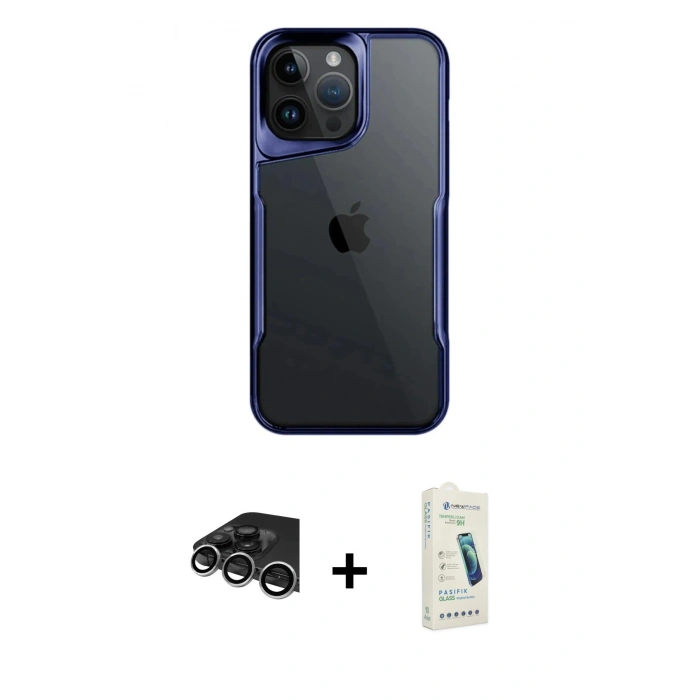 MARSİLYAN™- iPhone 14 Pro Max Kılıf Akış Çizgi Koleksiyonu - Şeffaf Pasifik Cam Ekran Koruyucu + Gümüş Raze Metal Kamera Lens
