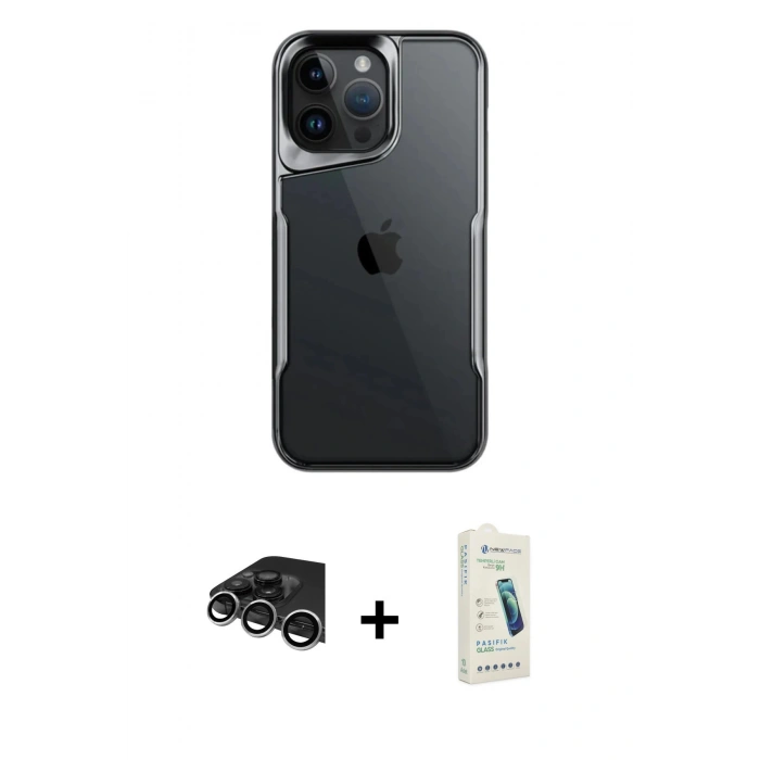 MARSİLYAN™- iPhone 14 Pro Max Kılıf Akış Çizgi Koleksiyonu - Şeffaf Pasifik Cam Ekran Koruyucu + Gümüş Raze Metal Kamera Lens