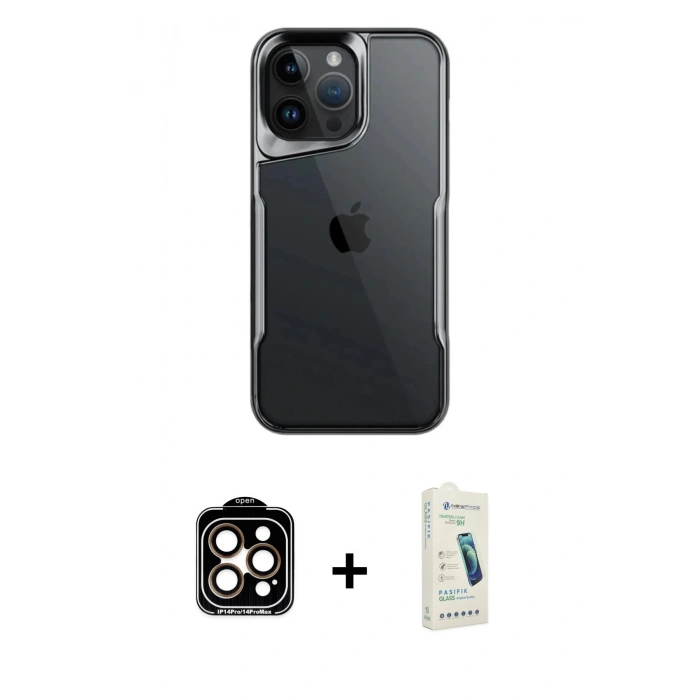 MARSİLYAN™- iPhone 14 Pro Max Kılıf Akış Çizgi Koleksiyonu - Şeffaf Pasifik Cam Ekran Koruyucu + PVD Metal Kamera Lens - TU