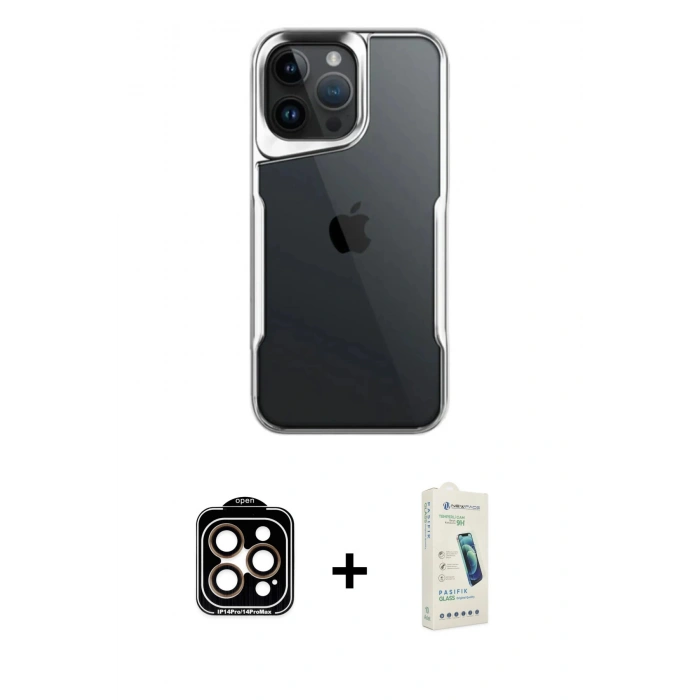 MARSİLYAN™- iPhone 14 Pro Max Kılıf Akış Çizgi Koleksiyonu - Şeffaf Pasifik Cam Ekran Koruyucu + PVD Metal Kamera Lens - TU