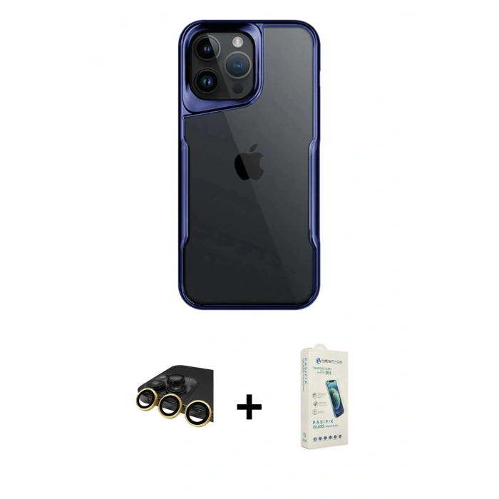 MARSİLYAN™- iPhone 14 Pro Max Kılıf Akış Çizgi Koleksiyonu - Şeffaf Pasifik Cam Ekran Koruyucu + Raze Metal Kamera Lens - GD