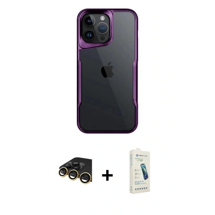 MARSİLYAN™- iPhone 14 Pro Max Kılıf Akış Çizgi Koleksiyonu - Şeffaf Pasifik Cam Ekran Koruyucu + Raze Metal Kamera Lens - GD