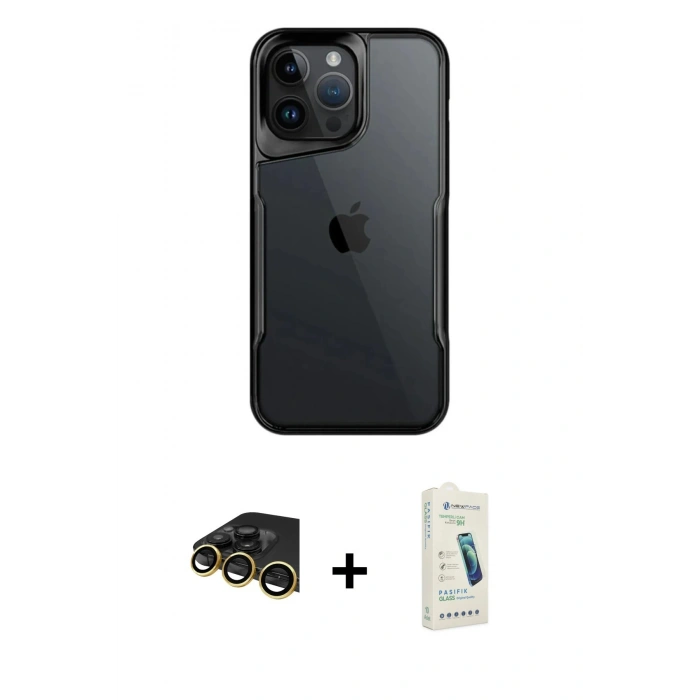 MARSİLYAN™- iPhone 14 Pro Max Kılıf Akış Çizgi Koleksiyonu - Şeffaf Pasifik Cam Ekran Koruyucu + Raze Metal Kamera Lens - GD