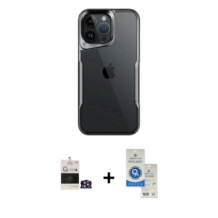 MARSİLYAN™- iPhone 14 Pro Max Kılıf Akış Çizgi Koleksiyonu - Şeffaf Royal Nano Ekran Koruyucu + Bilvis Titan Kamera Lens - GS