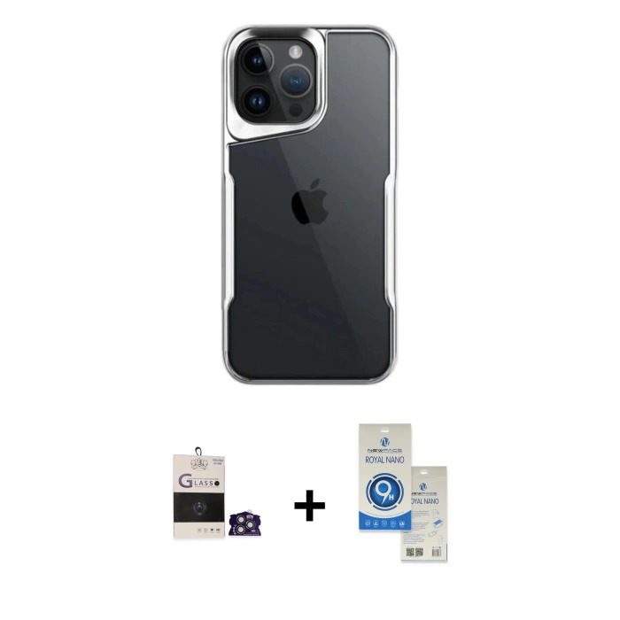 MARSİLYAN™- iPhone 14 Pro Max Kılıf Akış Çizgi Koleksiyonu - Şeffaf Royal Nano Ekran Koruyucu + Bilvis Titan Kamera Lens - GS