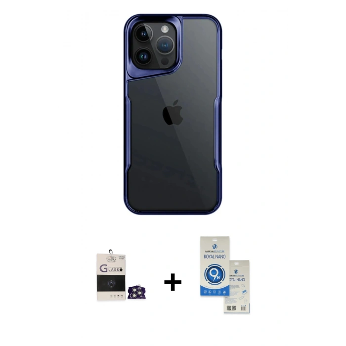 MARSİLYAN™- iPhone 14 Pro Max Kılıf Akış Çizgi Koleksiyonu - Şeffaf Royal Nano Ekran Koruyucu + Bilvis Titan Kamera Lens - GS