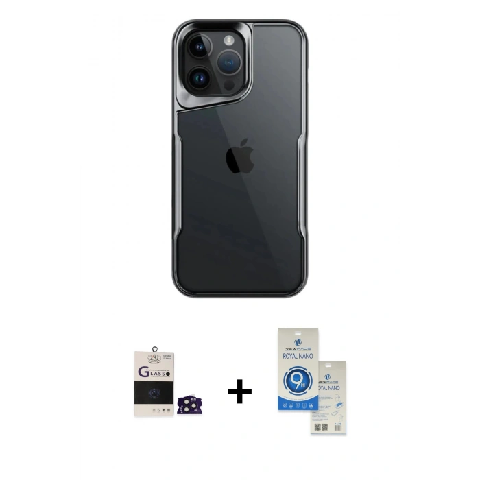 MARSİLYAN™- iPhone 14 Pro Max Kılıf Akış Çizgi Koleksiyonu - Şeffaf Royal Nano Ekran Koruyucu + Bilvis Titan Kamera Lens - DNMR
