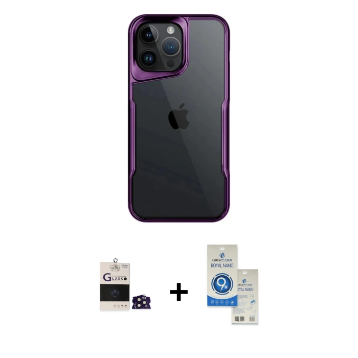 MARSİLYAN™- iPhone 14 Pro Max Kılıf Akış Çizgi Koleksiyonu - Şeffaf Royal Nano Ekran Koruyucu + Bilvis Titan Kamera Lens - DNMR