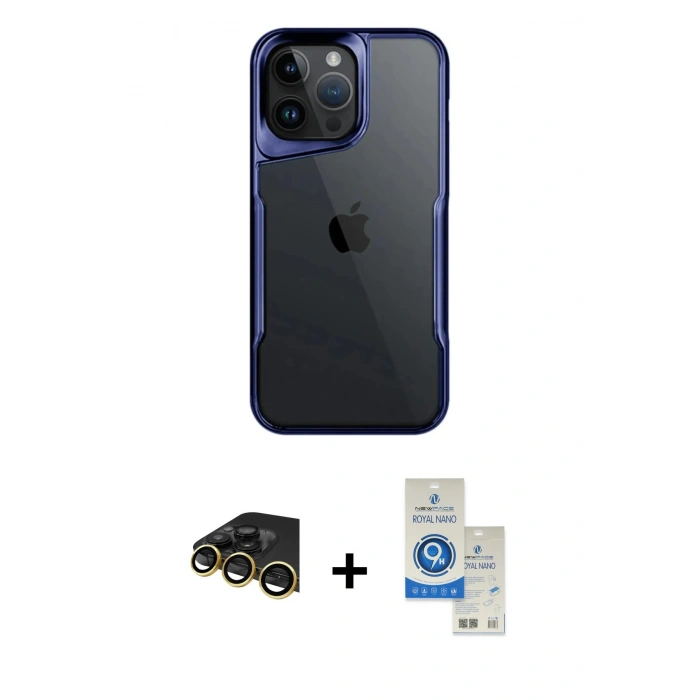 MARSİLYAN™- iPhone 14 Pro Max Kılıf Akış Çizgi Koleksiyonu - Şeffaf Royal Nano Ekran Koruyucu + Raze Metal Kamera Lens - GD