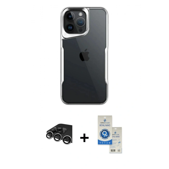 MARSİLYAN™- iPhone 14 Pro Max Kılıf Akış Çizgi Koleksiyonu - Şeffaf Royal Nano Ekran Koruyucu + Raze Metal Kamera Lens - GS