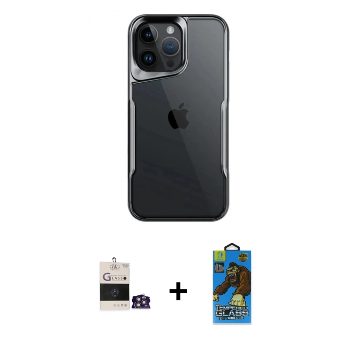 MARSİLYAN™- iPhone 14 Pro Max Kılıf Akış Çizgi Koleksiyonu - Siyah 18D Cam Ekran Koruyucu + Bilvis Titan Kamera Lens - GS