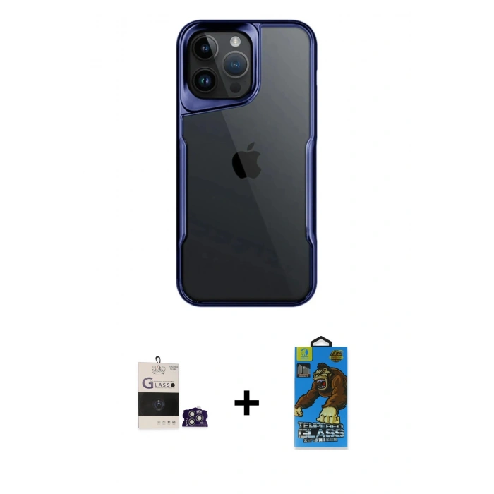 MARSİLYAN™- iPhone 14 Pro Max Kılıf Akış Çizgi Koleksiyonu - Siyah 18D Cam Ekran Koruyucu + Bilvis Titan Kamera Lens - GS