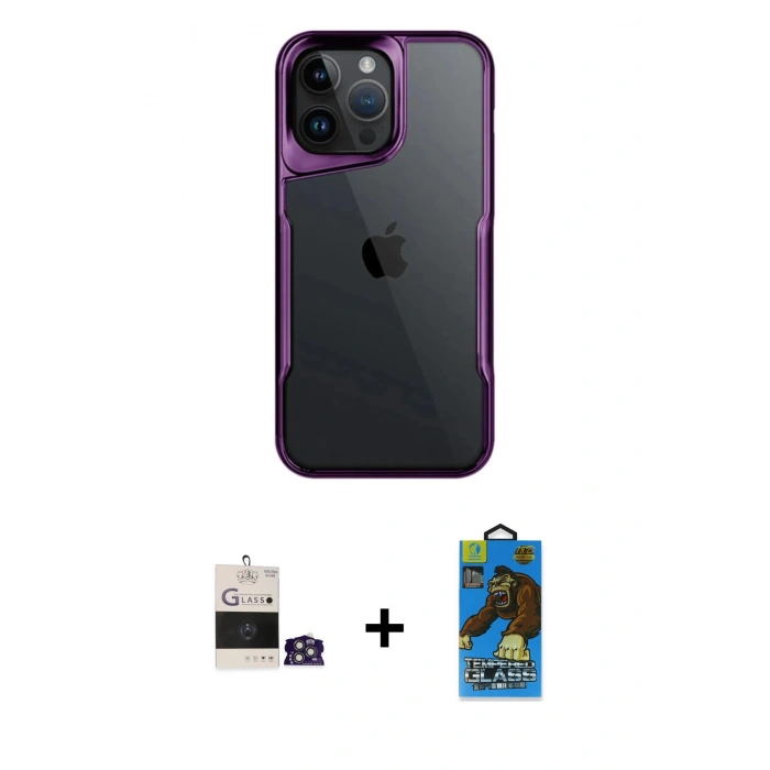 MARSİLYAN™- iPhone 14 Pro Max Kılıf Akış Çizgi Koleksiyonu - Siyah 18D Cam Ekran Koruyucu + Bilvis Titan Kamera Lens - GS