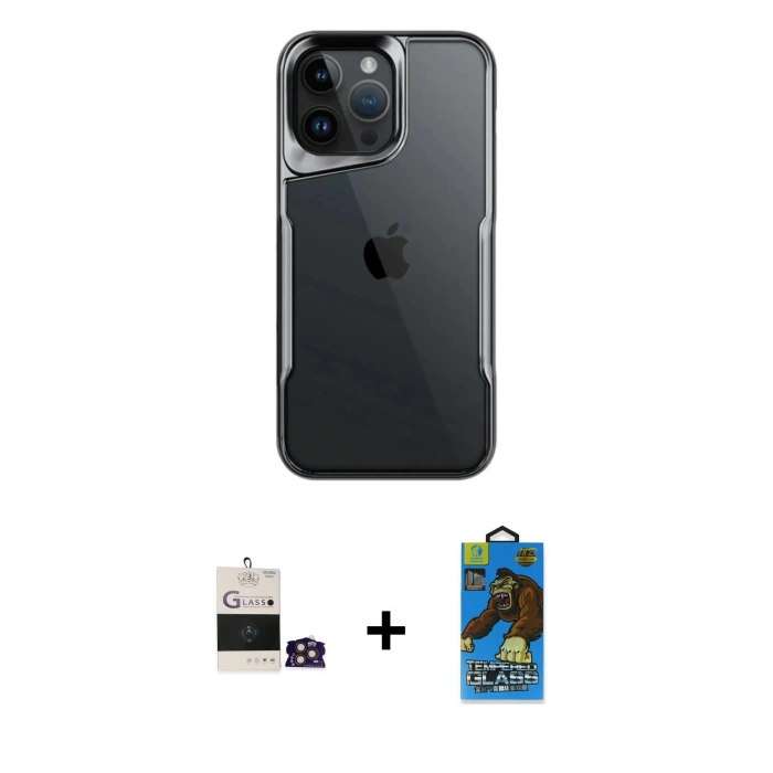 MARSİLYAN™- iPhone 14 Pro Max Kılıf Akış Çizgi Koleksiyonu - Siyah 18D Cam Ekran Koruyucu + Bilvis Titan Kamera Lens - GD