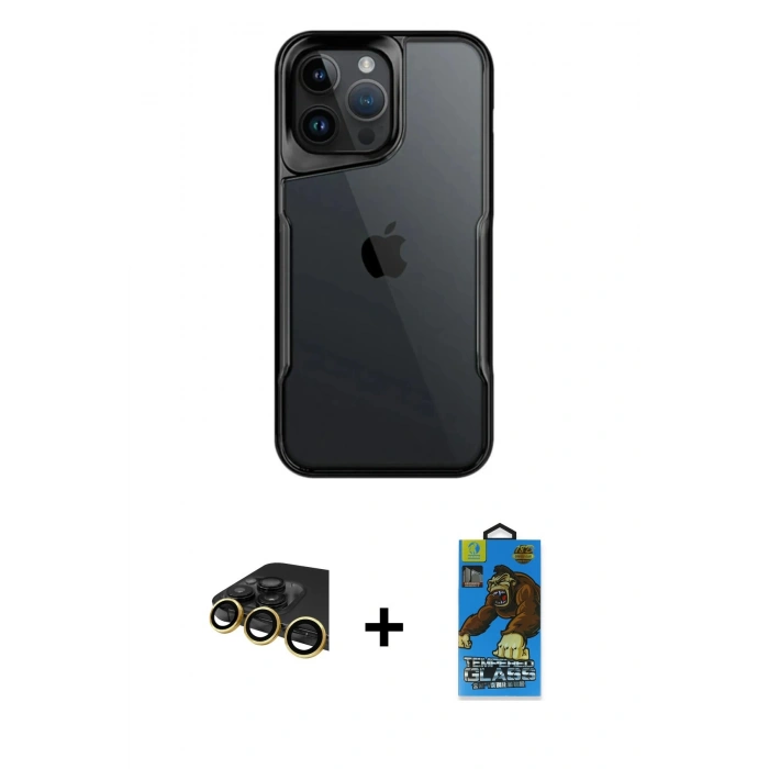 MARSİLYAN™- iPhone 14 Pro Max Kılıf Akış Çizgi Koleksiyonu - Siyah 18D Cam Ekran Koruyucu + Raze Metal Kamera Lens - GD