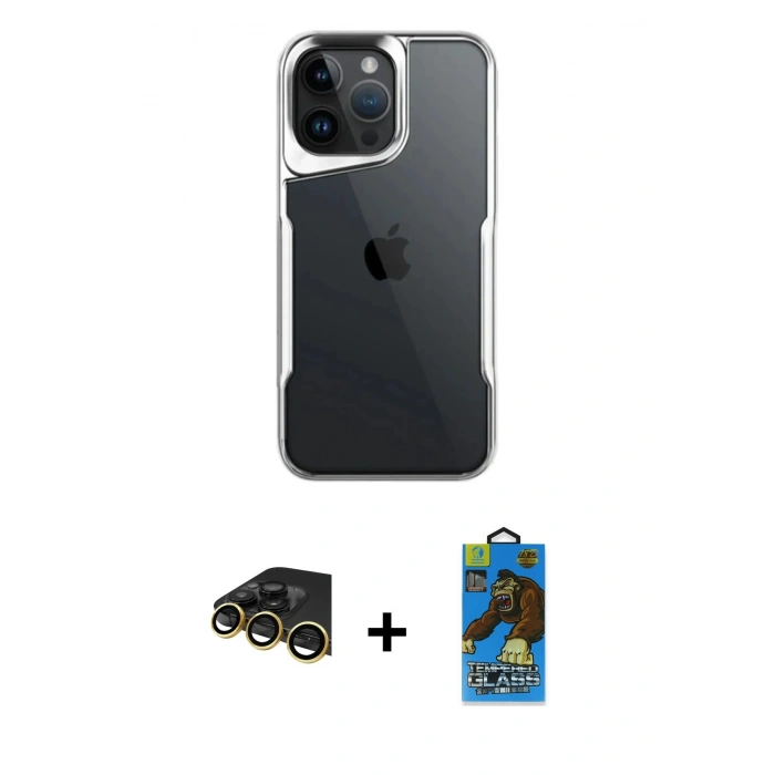 MARSİLYAN™- iPhone 14 Pro Max Kılıf Akış Çizgi Koleksiyonu - Siyah 18D Cam Ekran Koruyucu + Raze Metal Kamera Lens - GD