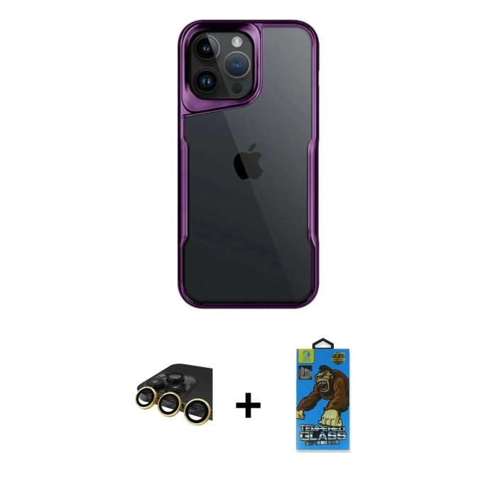 MARSİLYAN™- iPhone 14 Pro Max Kılıf Akış Çizgi Koleksiyonu - Siyah 18D Cam Ekran Koruyucu + Raze Metal Kamera Lens - GD