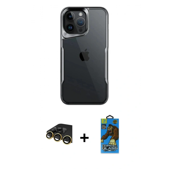 MARSİLYAN™- iPhone 14 Pro Max Kılıf Akış Çizgi Koleksiyonu - Siyah 18D Cam Ekran Koruyucu + Raze Metal Kamera Lens - GD