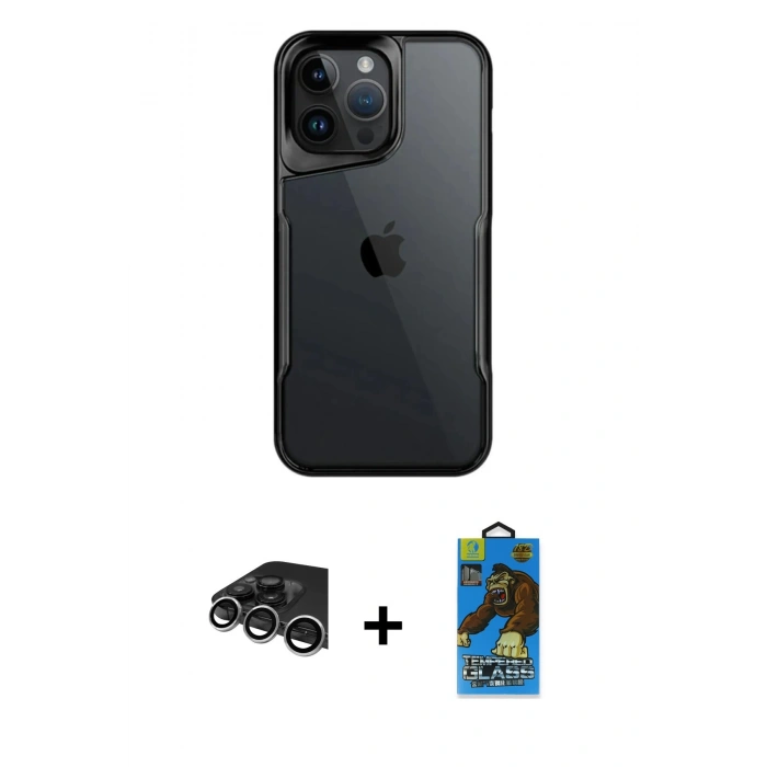 MARSİLYAN™- iPhone 14 Pro Max Kılıf Akış Çizgi Koleksiyonu - Siyah 18D Cam Ekran Koruyucu + Raze Metal Kamera Lens - GS