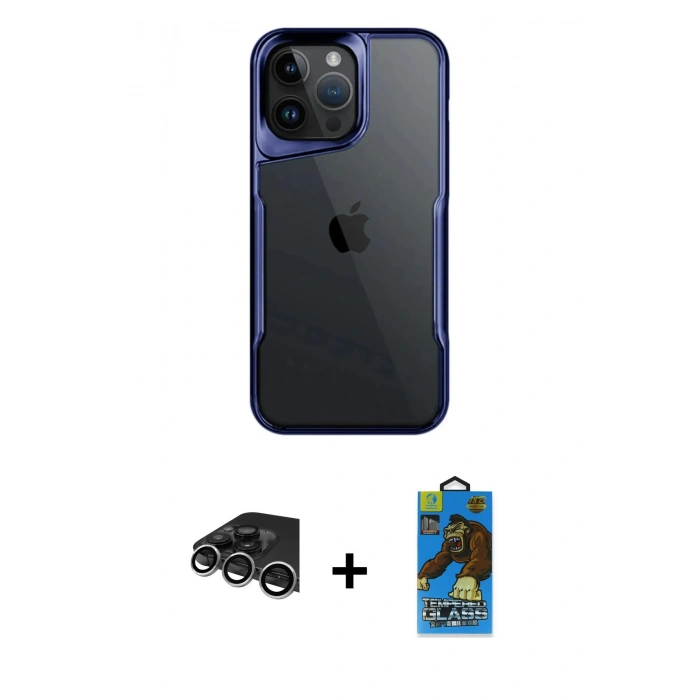 MARSİLYAN™- iPhone 14 Pro Max Kılıf Akış Çizgi Koleksiyonu - Siyah 18D Cam Ekran Koruyucu + Raze Metal Kamera Lens - GS