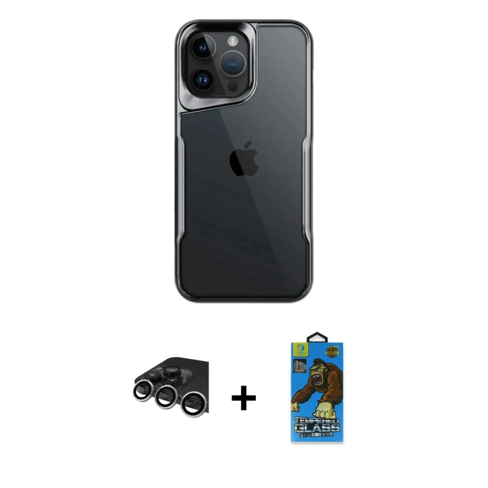 MARSİLYAN™- iPhone 14 Pro Max Kılıf Akış Çizgi Koleksiyonu - Siyah 18D Cam Ekran Koruyucu + Raze Metal Kamera Lens - GS