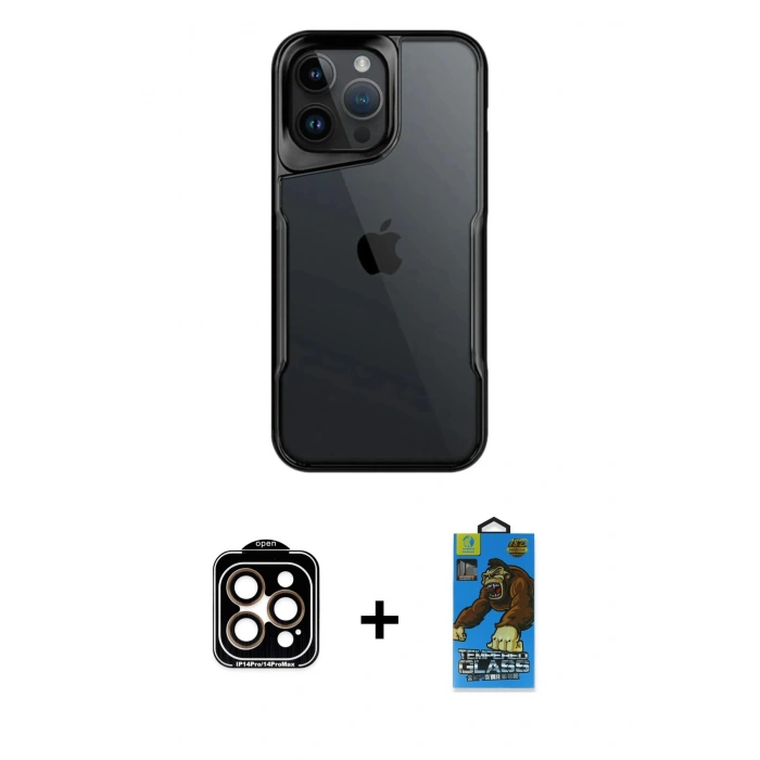 MARSİLYAN™- iPhone 14 Pro Max Kılıf Akış Çizgi Koleksiyonu - Siyah 18D Cam Ekran Koruyucu + PVD Metal Kamera Lens - TU