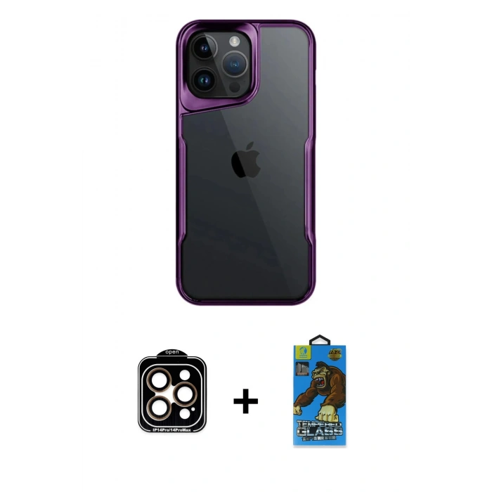 MARSİLYAN™- iPhone 14 Pro Max Kılıf Akış Çizgi Koleksiyonu - Siyah 18D Cam Ekran Koruyucu + PVD Metal Kamera Lens - TU