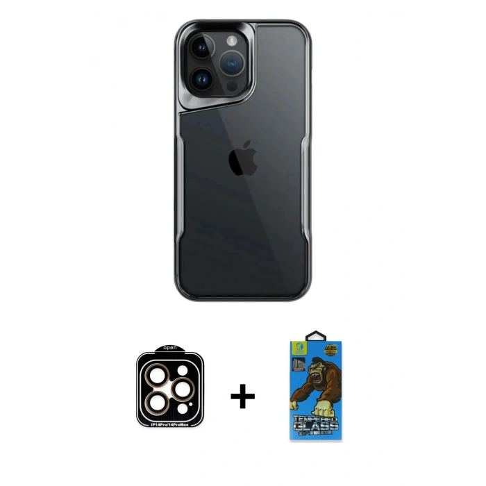 MARSİLYAN™- iPhone 14 Pro Max Kılıf Akış Çizgi Koleksiyonu - Siyah 18D Cam Ekran Koruyucu + PVD Metal Kamera Lens - TU