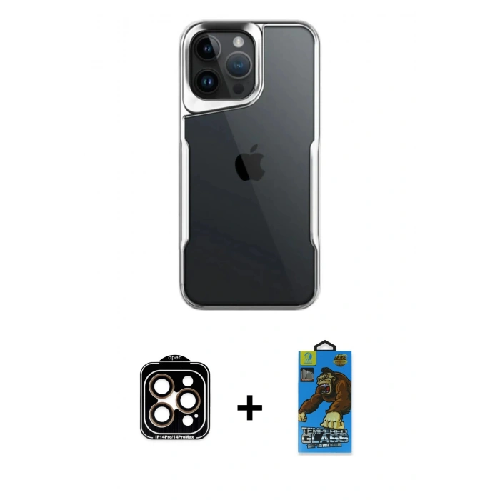 MARSİLYAN™- iPhone 14 Pro Max Kılıf Akış Çizgi Koleksiyonu - Siyah 18D Cam Ekran Koruyucu + PVD Metal Kamera Lens - TU