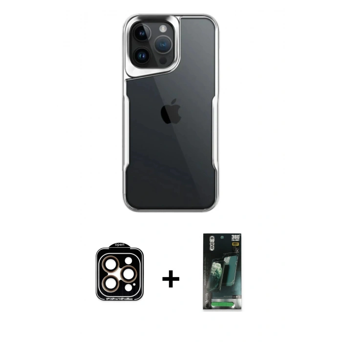 MARSİLYAN™- iPhone 14 Pro Max Kılıf Akış Çizgi Koleksiyonu - Siyah 360 Mat Full Body Arka Koruyucu + PVD Metal Kamera Lens - TU